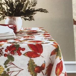 Leaves & Cranberries Fabric Rectangular Tablecloth. 52in x 70in.